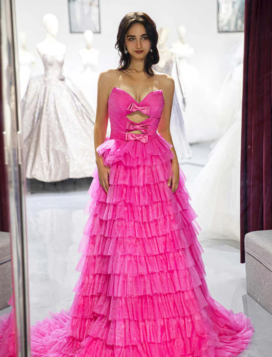 Sweet pink strapless strapless strapless bow ball dress