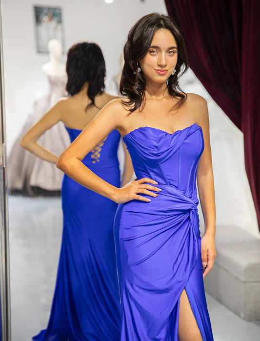 Strapless fishbone strapless irregular pleated design side slit long skirt