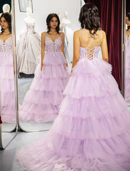 Light purple deep V-strap pleated ball gown