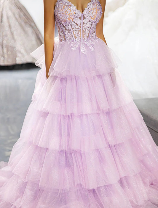Light purple deep V-strap pleated ball gown