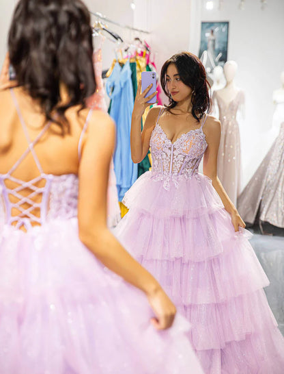 Light purple deep V-strap pleated ball gown