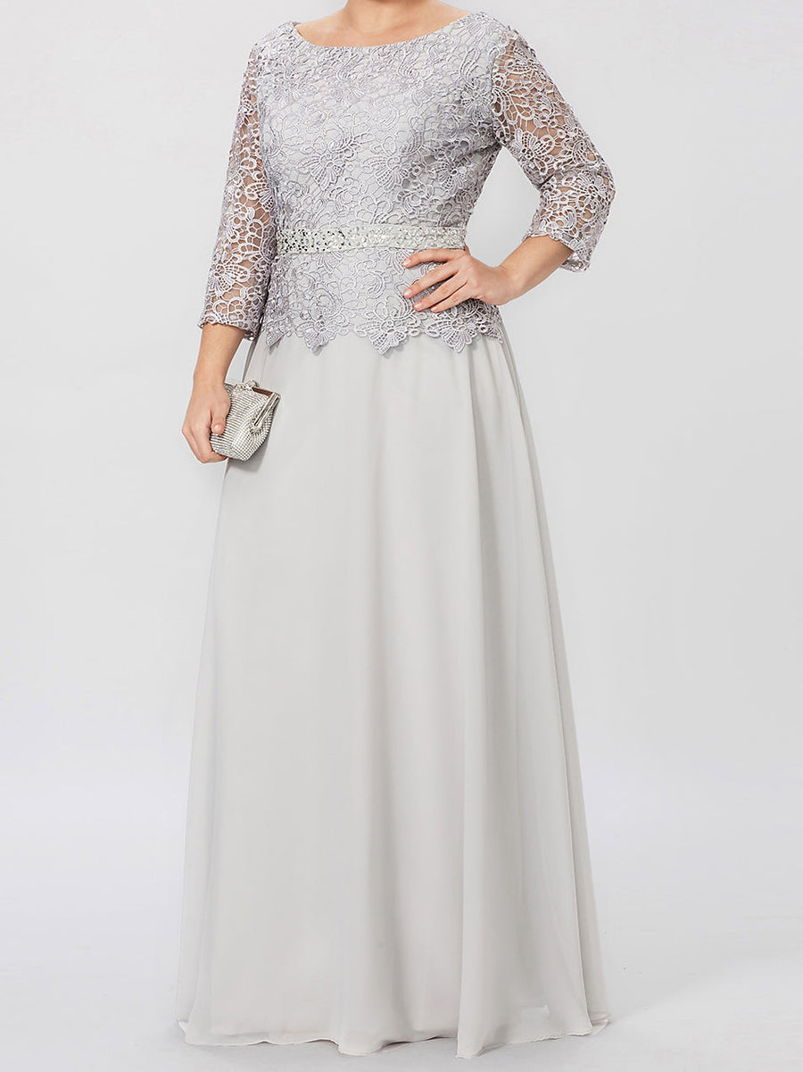 Round neck 3/4 long sleeved floor standing bridal mother dress with decals