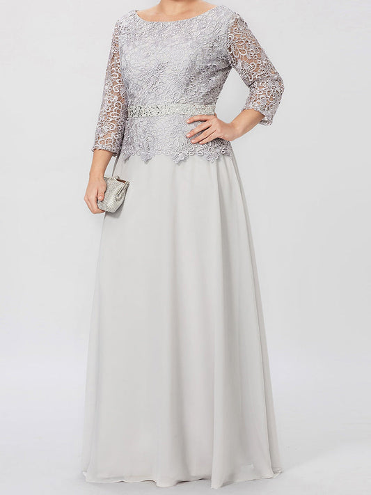 Round neck 3/4 long sleeved floor standing bridal mother dress with decals