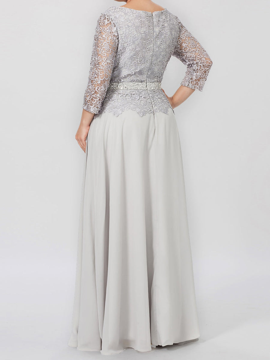 Round neck 3/4 long sleeved floor standing bridal mother dress with decals