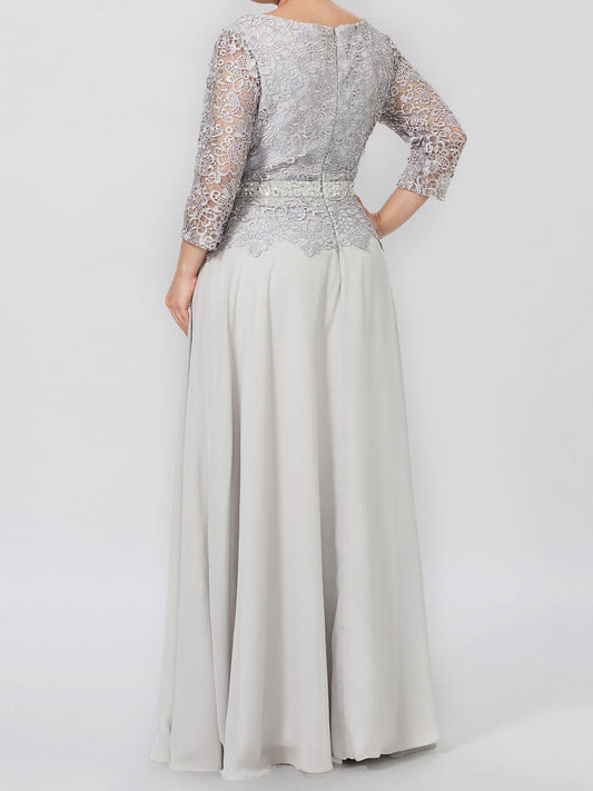 Round neck 3/4 long sleeved floor standing bridal mother dress with decals