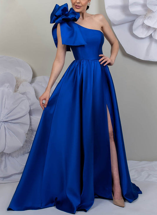 Princess One Shoulder Sleeveless Satin Bridal Mother Dress Side Split