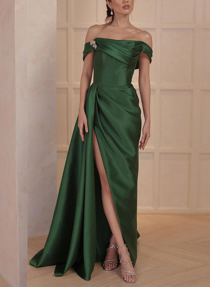 A-line/Princess off shoulder satin bridal dress