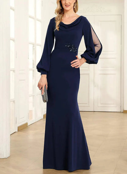 Tight standing collar, round neck, long sleeved floor length bridal and mother's formal dress