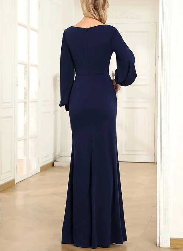Tight standing collar, round neck, long sleeved floor length bridal and mother's formal dress