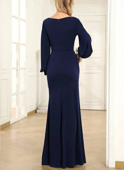 Tight standing collar, round neck, long sleeved floor length bridal and mother's formal dress
