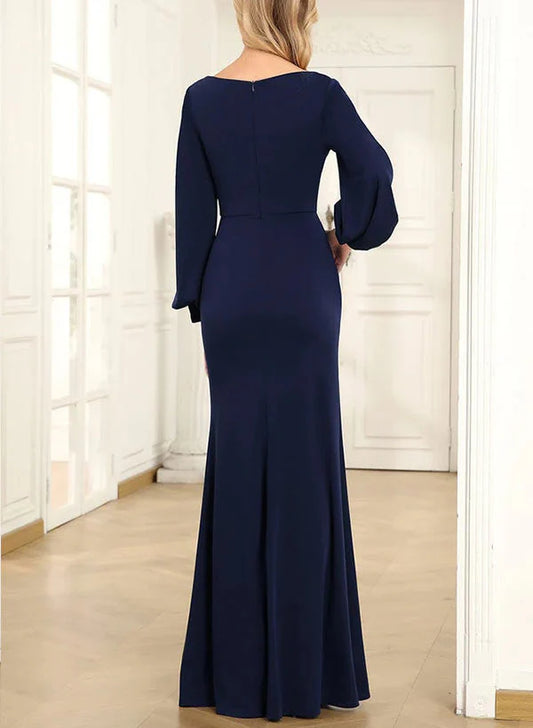 Tight standing collar, round neck, long sleeved floor length bridal and mother's formal dress