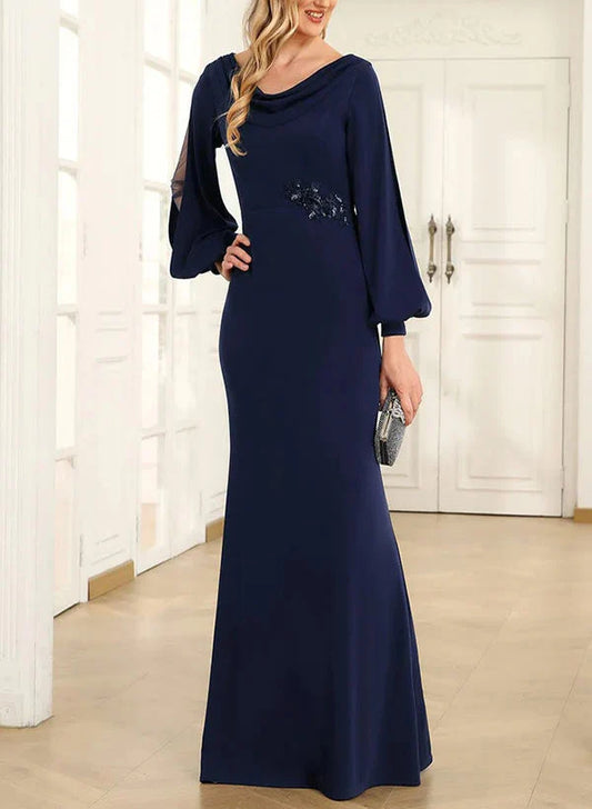 Tight standing collar, round neck, long sleeved floor length bridal and mother's formal dress