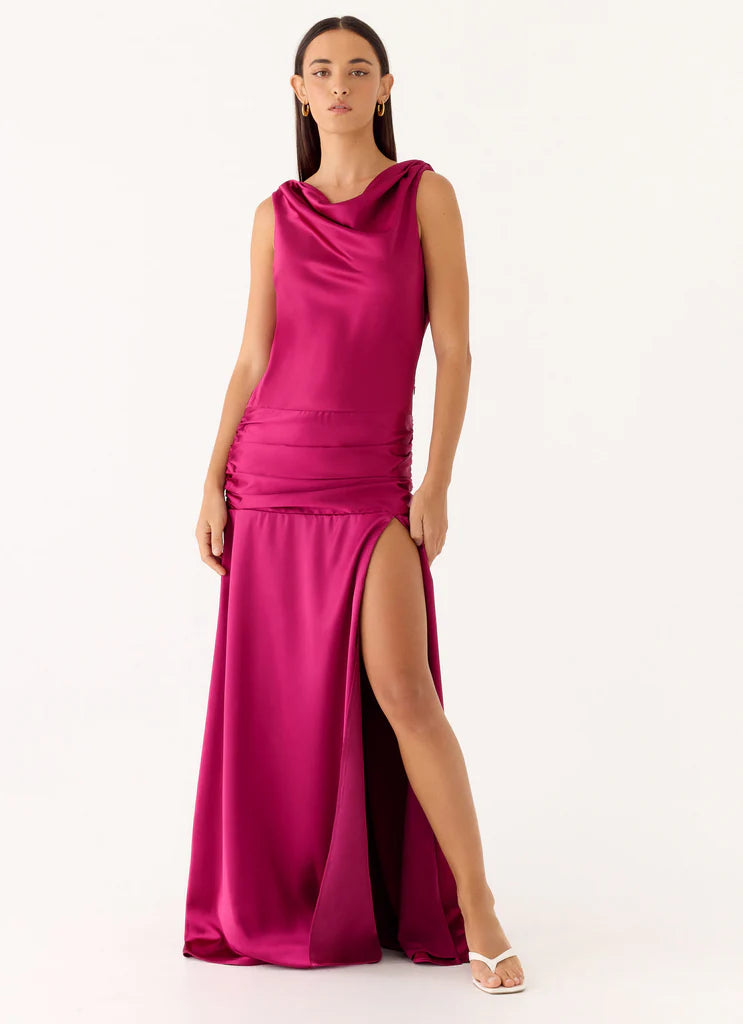 Magenta Satin Cowl Neck Open Back Ruched Slit Maxi Evening Dresses