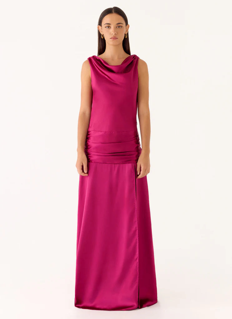 Magenta Satin Cowl Neck Open Back Ruched Slit Maxi Evening Dresses