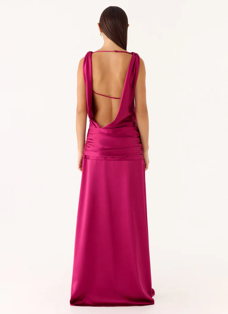 Magenta Satin Cowl Neck Open Back Ruched Slit Maxi Evening Dresses