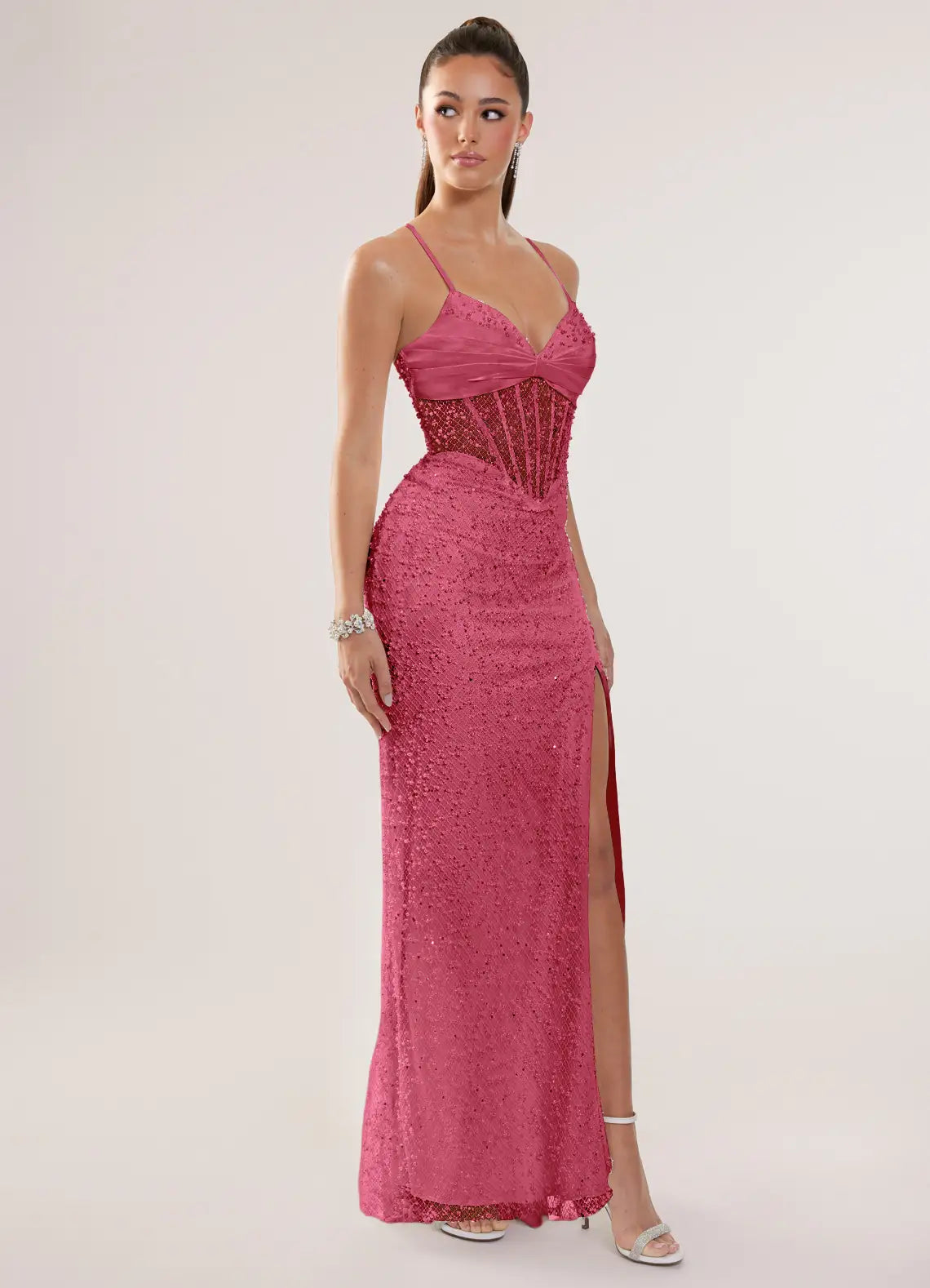Magenta Sequin Corset Mermaid Evening Dress with Slit