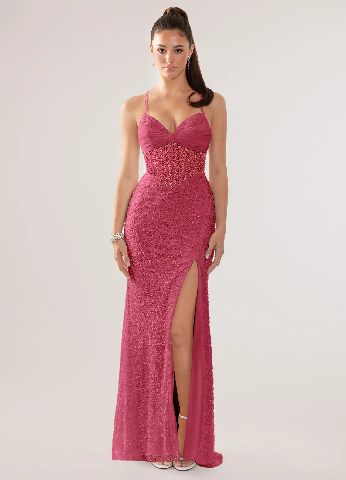 Magenta Sequin Corset Mermaid Evening Dress with Slit