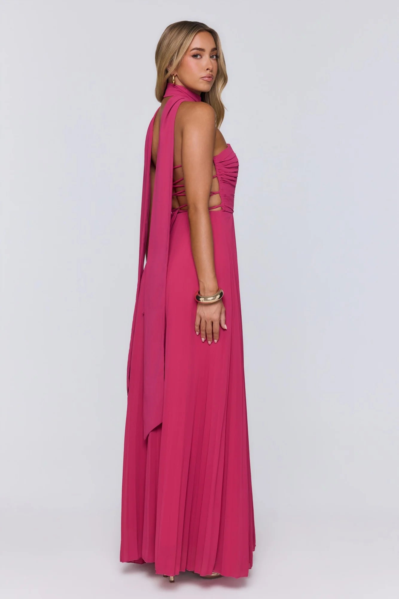 Magenta Strapless Ruched Chiffon with Neck Scarf Evening Dress
