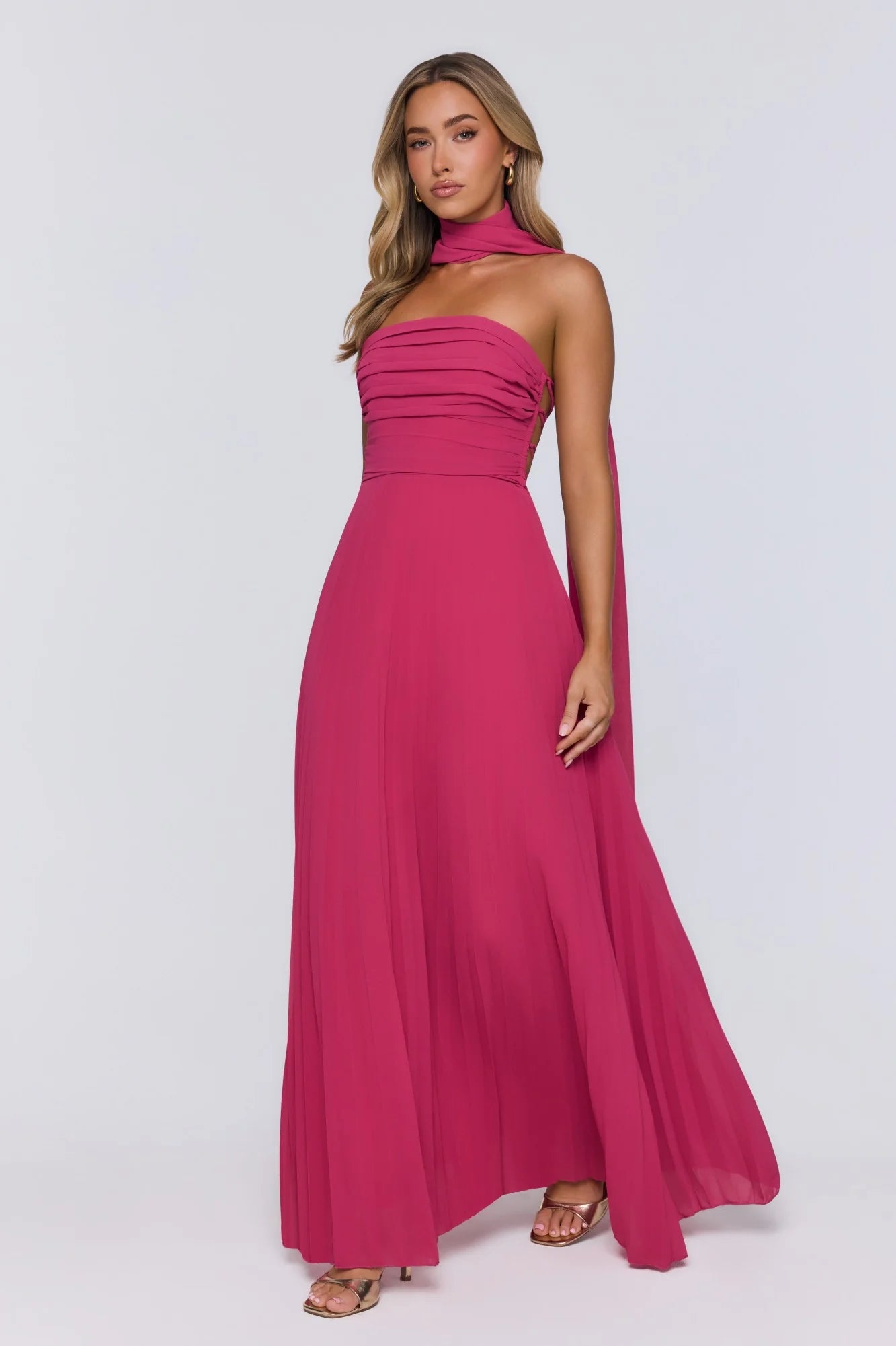 Magenta Strapless Ruched Chiffon with Neck Scarf Evening Dress