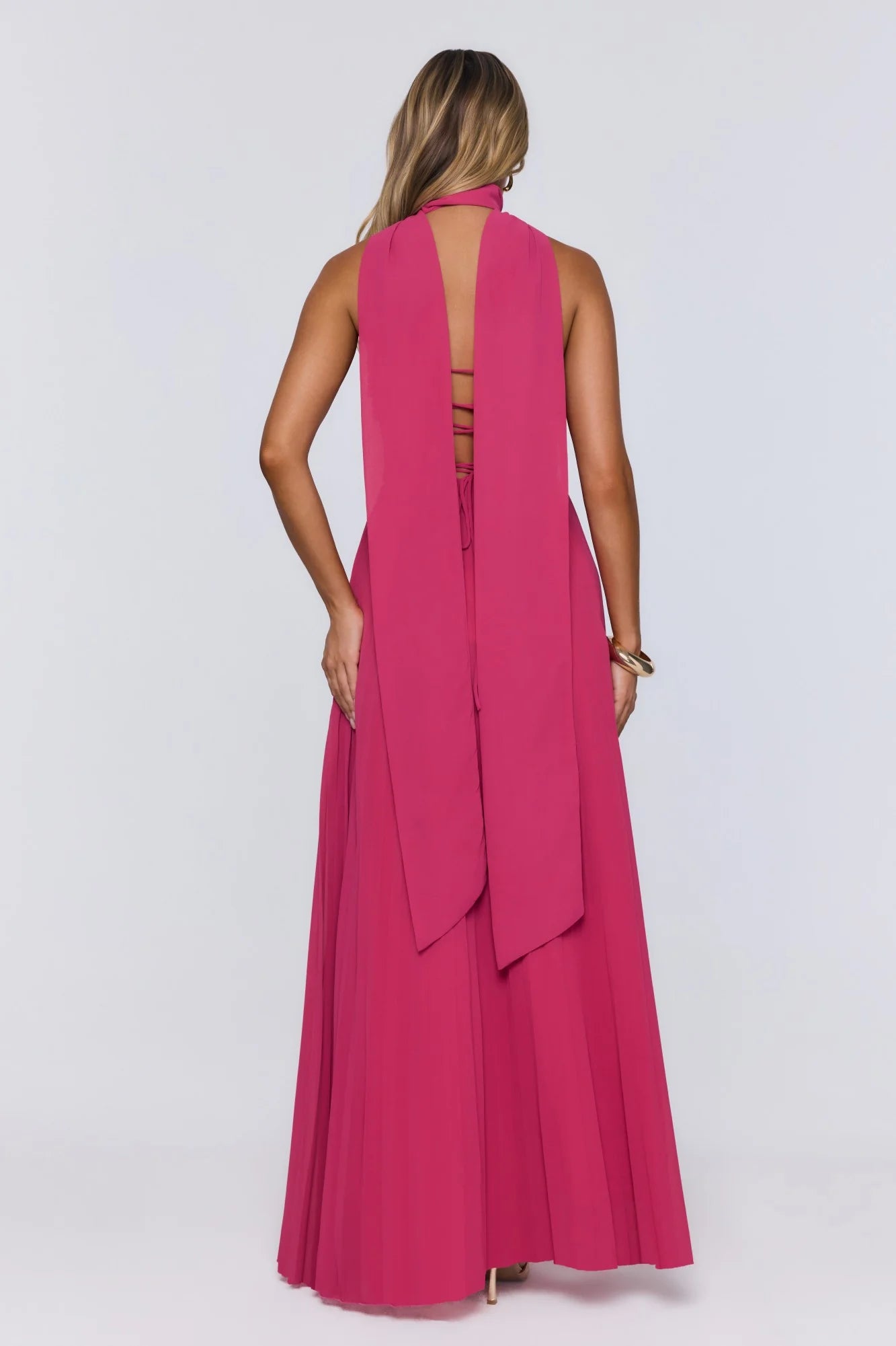 Magenta Strapless Ruched Chiffon with Neck Scarf Evening Dress