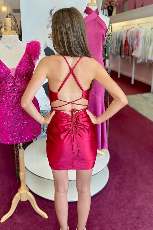 Magenta V-Neck Lace-Up Short Party Dress