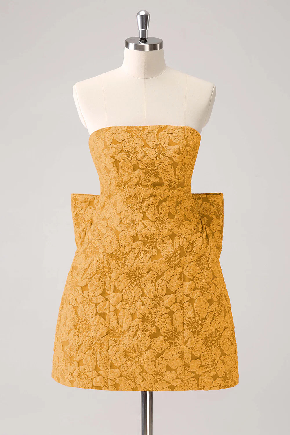 A-line strapless printed short bow back to school dress