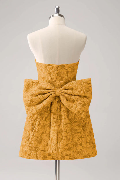 A-line strapless printed short bow back to school dress
