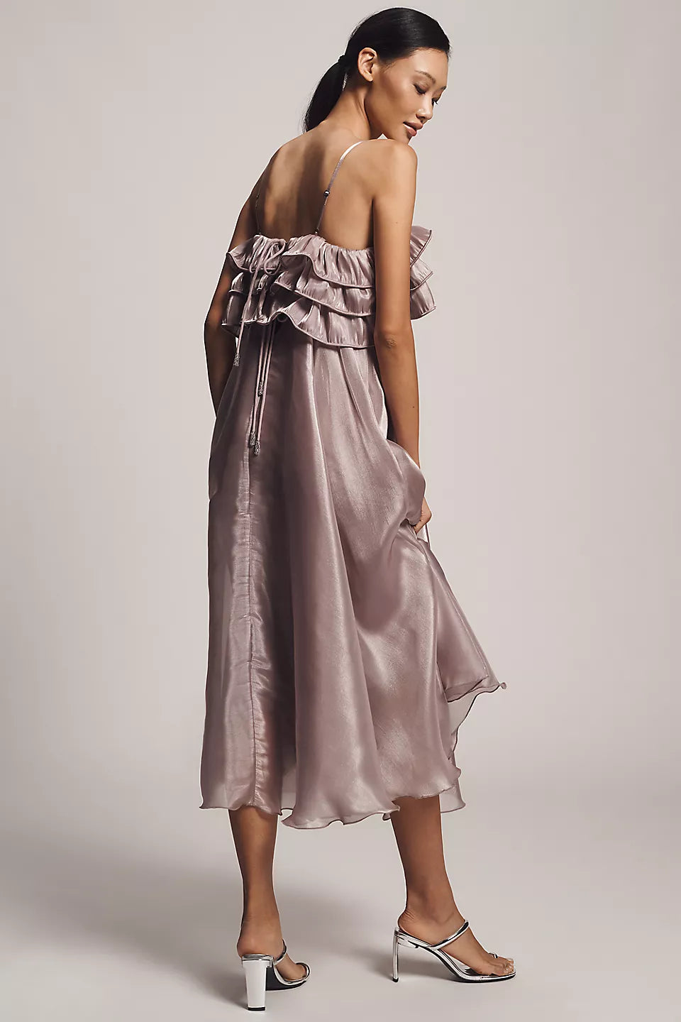 Mauve Satin Ruffle Spaghetti Strap Open Back Tie Midi Evening Dress
