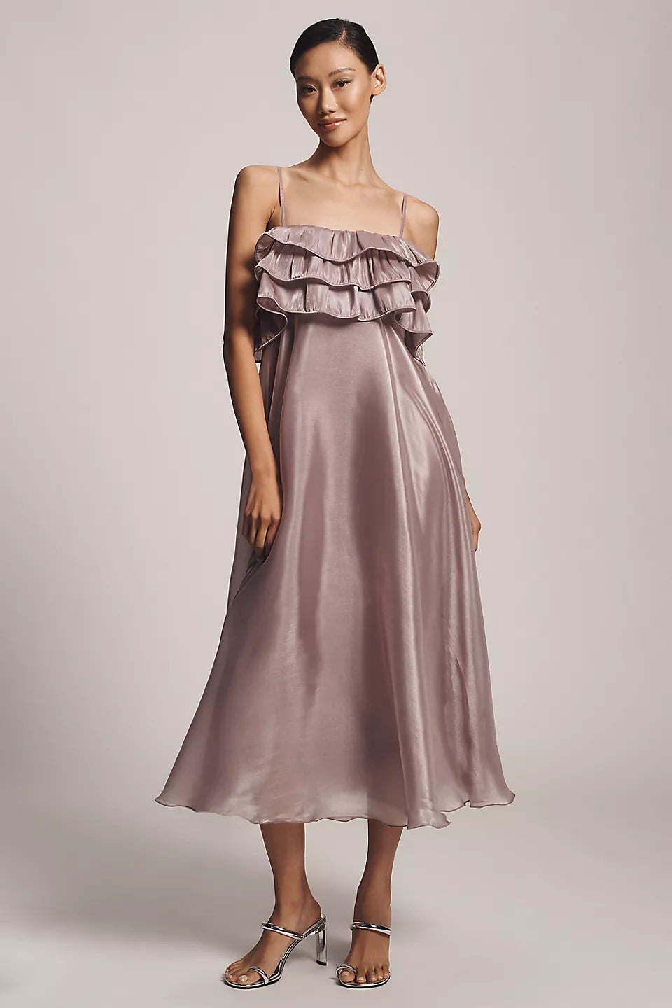 Mauve Satin Ruffle Spaghetti Strap Open Back Tie Midi Evening Dress