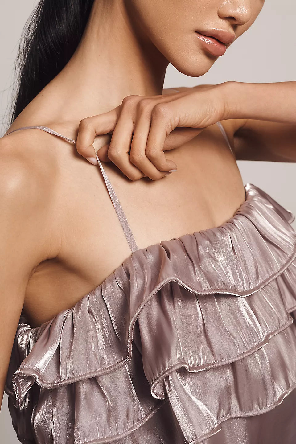 Mauve Satin Ruffle Spaghetti Strap Open Back Tie Midi Evening Dress