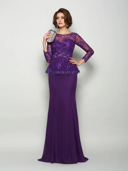 Mermaid Chiffon Scoop Long Sleeves Sweep/Brush Train With Beading Mother of the Bride Dresses