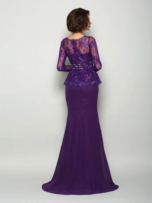 Mermaid Chiffon Scoop Long Sleeves Sweep/Brush Train With Beading Mother of the Bride Dresses