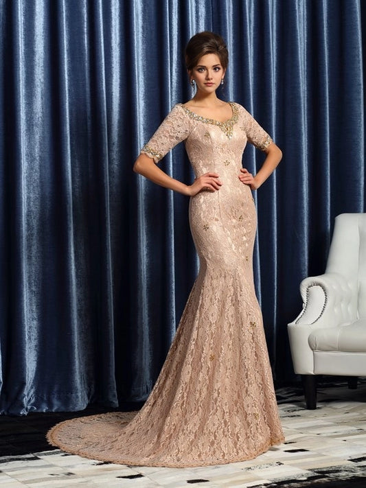 Mermaid Elastic Woven Satin V-neck 1/2 Sleeves Court Train With Lace Mother of the Bride Dresses