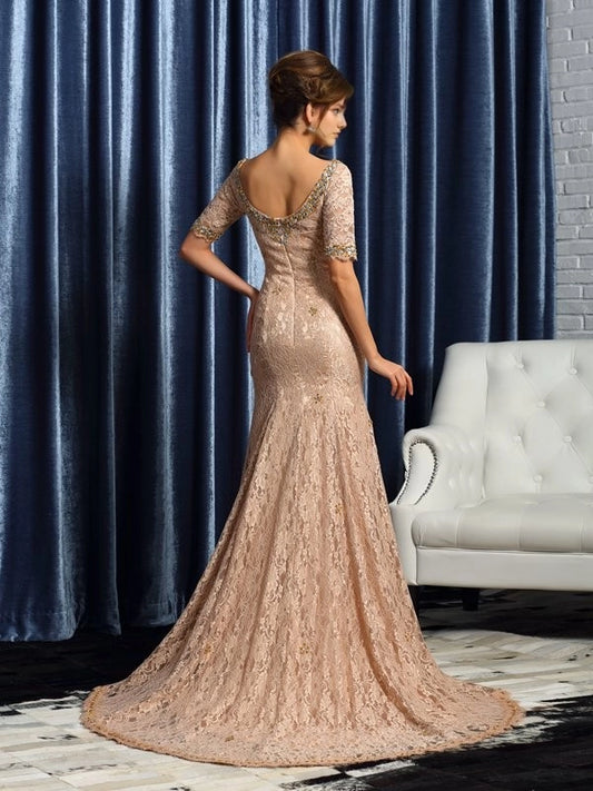 Mermaid Elastic Woven Satin V-neck 1/2 Sleeves Court Train With Lace Mother of the Bride Dresses