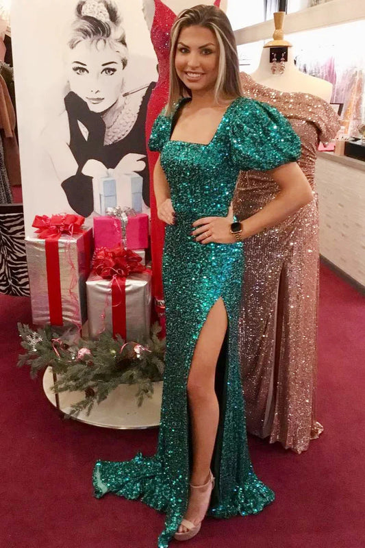 Emerald Green Sequin Square Neck Backless Mermaid Long Prom Dress