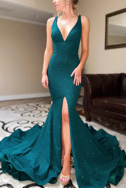 Mermaid Low V-Neck Sleeveless Ruched Formal Prom Dress with Slit