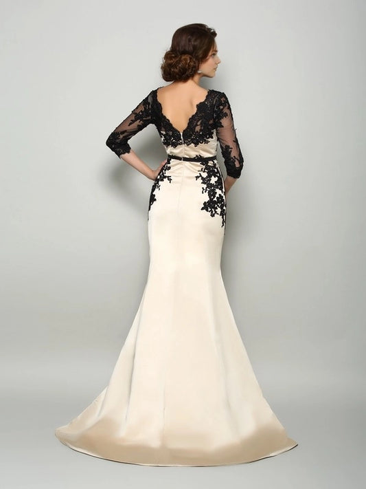 Mermaid Satin Bateau 1/2 Sleeves Court Train With Lace Mother of the Bride Dresses