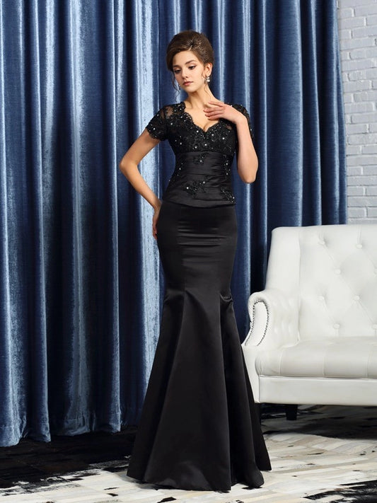 Mermaid Satin V-neck Short Sleeves Floor-Length With Applique Mother of the Bride Dresses