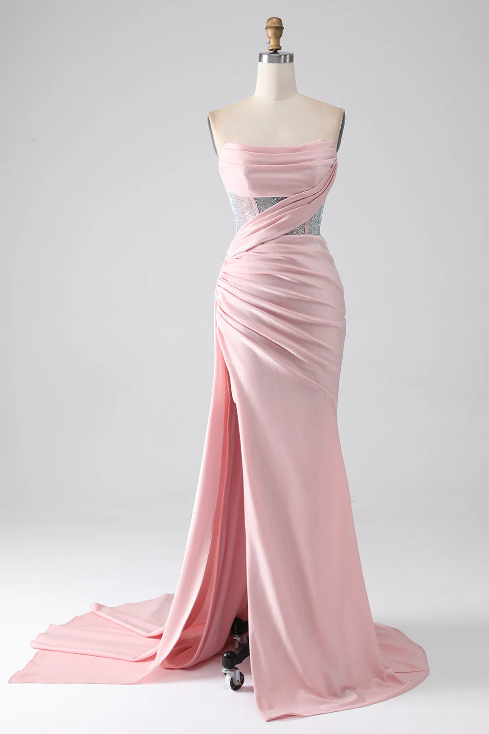 Mermaid Strapless Beaded Pleated Long Pink Prom Dress With High Slit