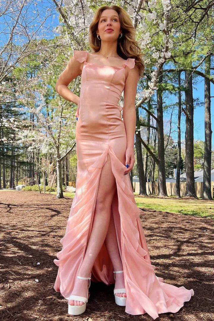 Mermaid Straps Scoop Pleated High Slit Long Prom Formal Dress