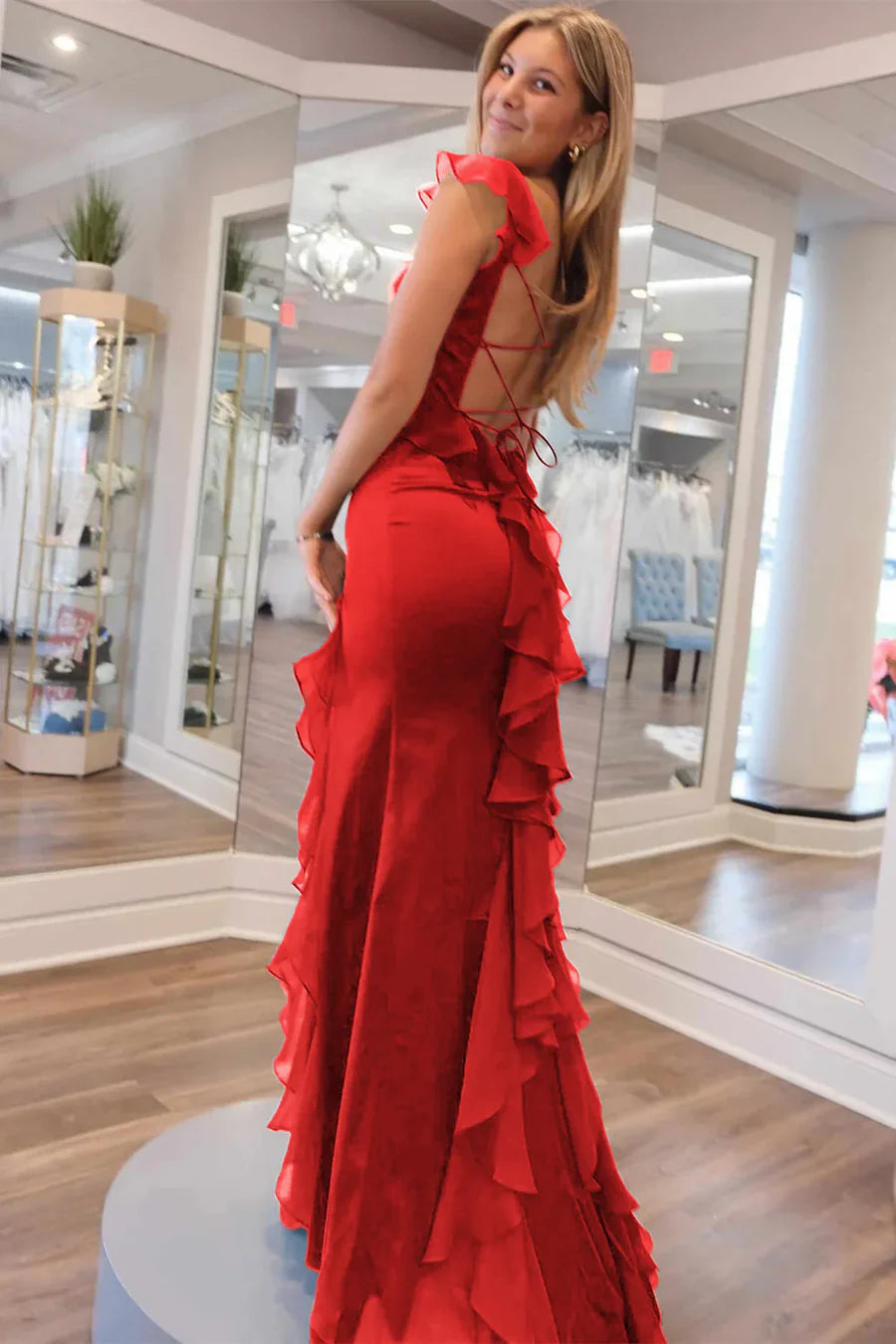 Mermaid Straps Scoop Pleated High Slit Long Prom Formal Dress