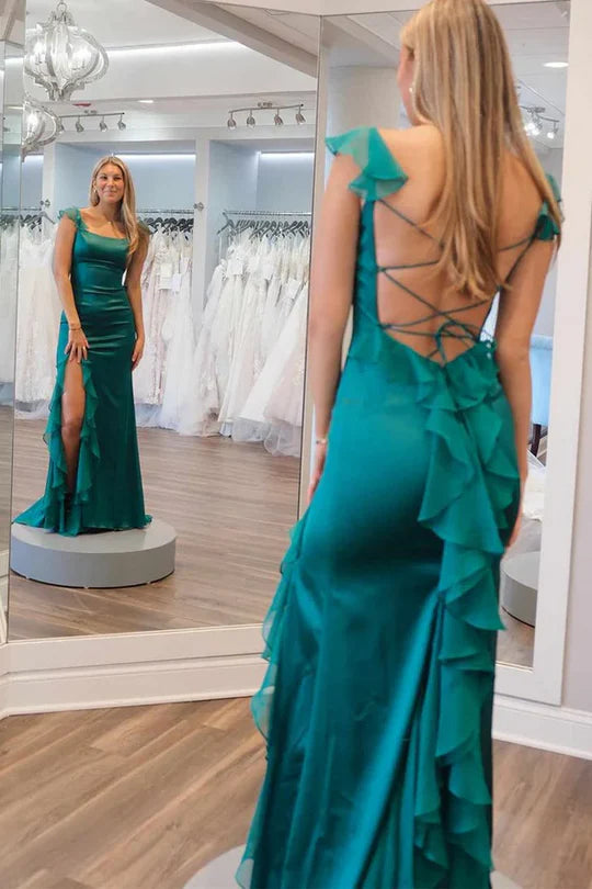 Mermaid Straps Scoop Pleated High Slit Long Prom Formal Dress