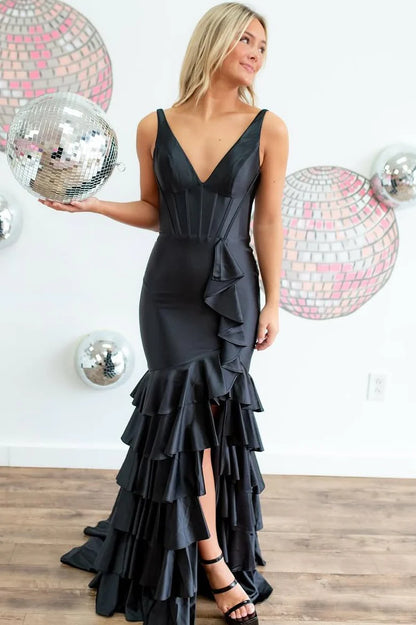 Mermaid V-Neck Straps Layered Satin Sleeveless Long Prom Dress with Slit