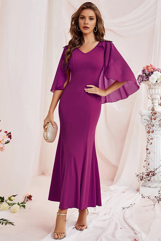 Mermaid V-neck chiffon floor length dress with wrapped sleeves