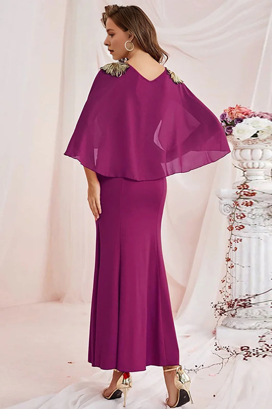 Mermaid V-neck chiffon floor length dress with wrapped sleeves