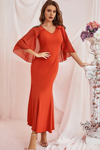 Mermaid V-neck chiffon floor length dress with wrapped sleeves