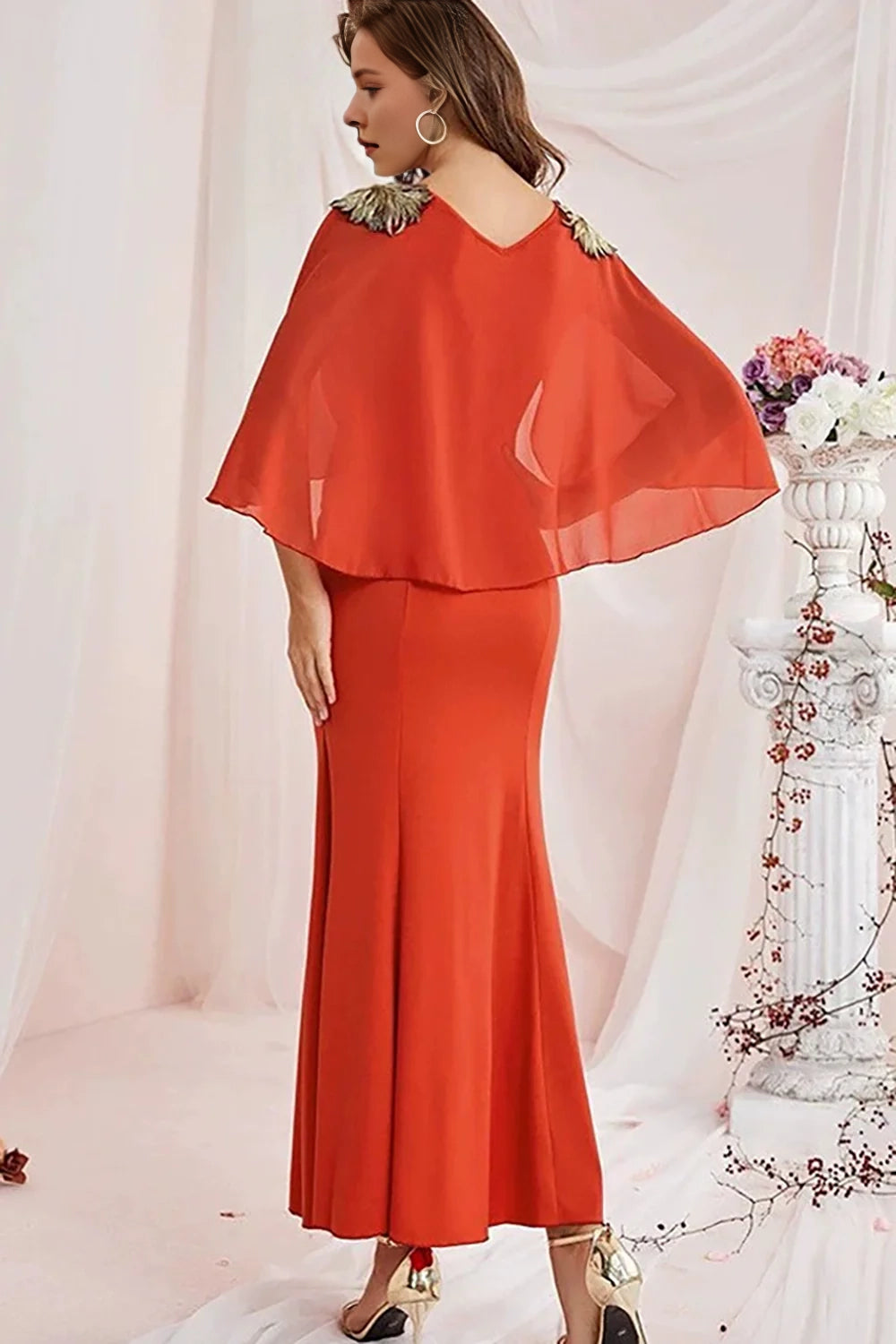 Mermaid V-neck chiffon floor length dress with wrapped sleeves