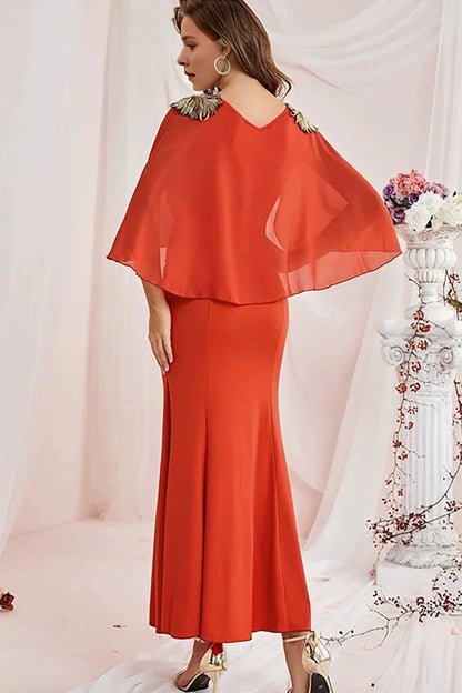Mermaid V-neck chiffon floor length dress with wrapped sleeves