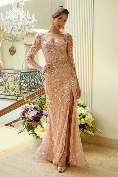 Mermaid V-neck long sleeved dress with rhinestones