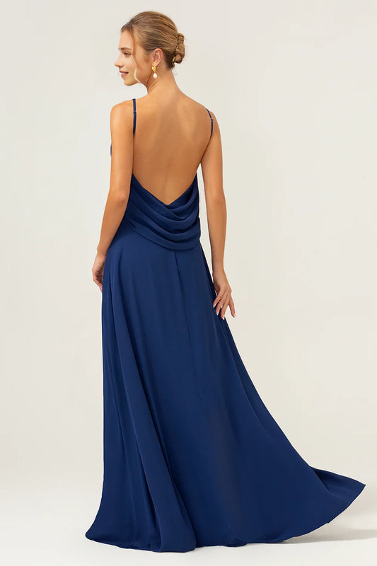 Mermaid backless chiffon navy long sleeveless mom dress
